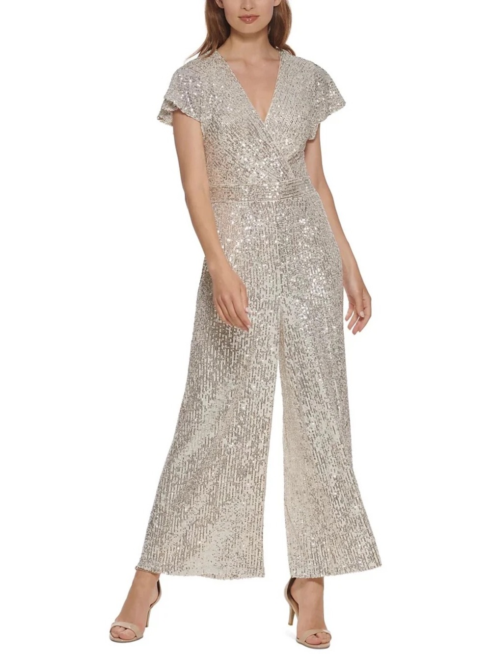 Eliza J Women’s Sequined Flutter-Sleeve Mesh Jumpsuit Size 6 Wide Leg Gala